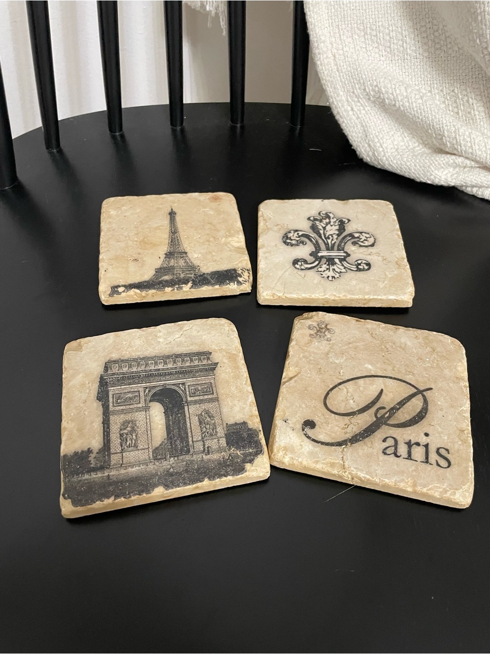 Set of 4 Paris Themed Retro Natural Tumbled Stone Coasters